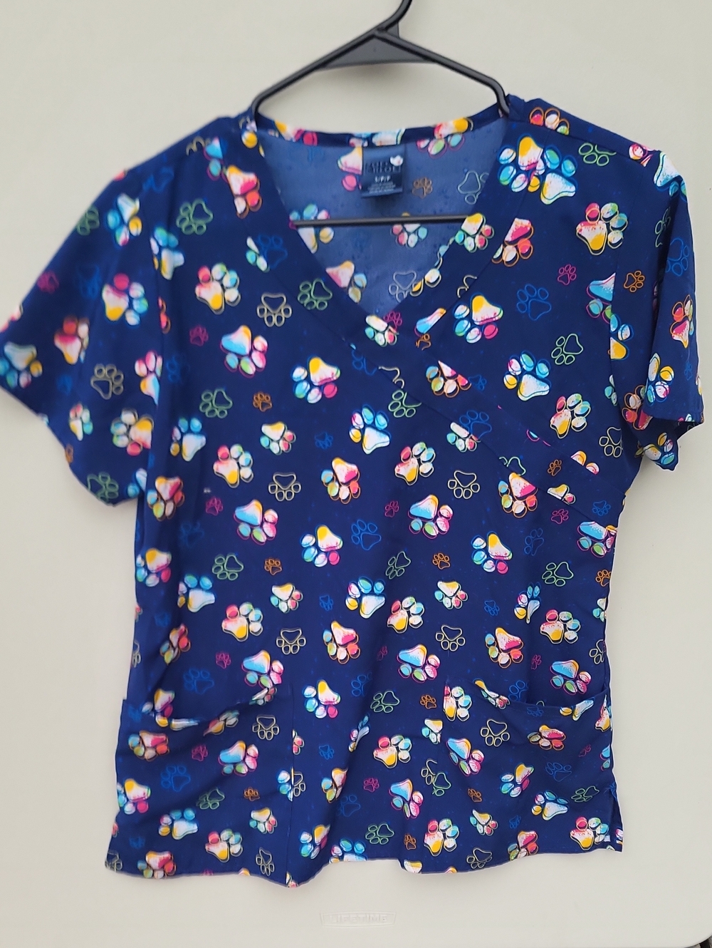 Zoe + Chloe Navy Paw Print V-Neck Scrub Top